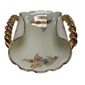 VINTAGE DERUTA ITALY HAND PAINTED PORCELAIN GOLD HANDLED BOWL W/FLOWERS
